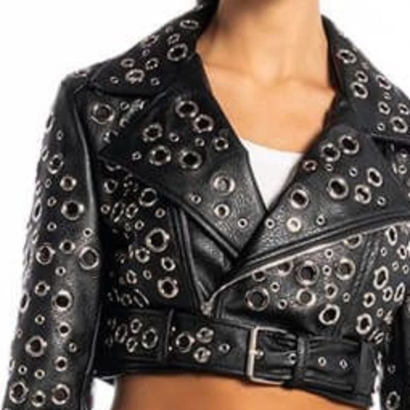 Miz 360: Circle of Life Cropped Grommet Vegan Leather Moto Jacket Large - Picture 8 of 13